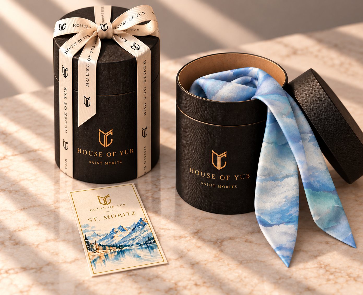 A twilly in its House of YUB box, with its destination card